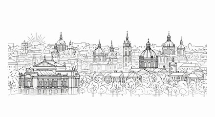 Obraz premium Line art city skyline with domes, towers, and trees under rising sun
