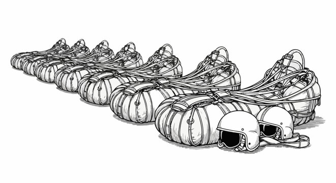 Multiple parachutes neatly packed with two helmets and goggles in front