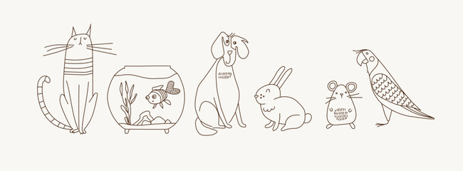 Fototapeta premium Minimalist Line Art Pets Collection - Cat, Dog, Rabbit, Hamster, Mouse, Parrot and Fish in Aquarium