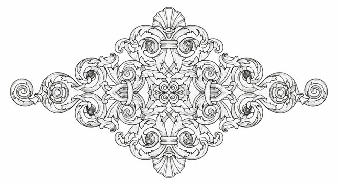 Ornate, symmetrical black and white scrollwork design with central element and scrolling acanthus leaves