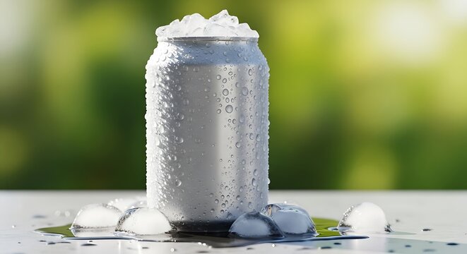 cold soda can with ice on table outdoors. lata refresco