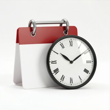 Classic Analog Clock with Red Calendar Page Hanging on White Background