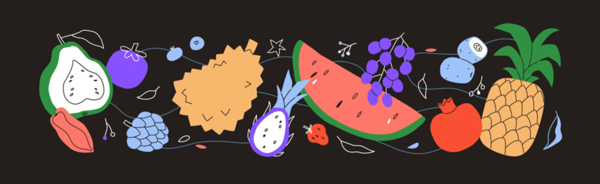Tropical fruits, horizontal composition. Healthy natural vitamin food pattern with modern doodle style watermelon, pineapple, dragonfruit, guava. Exotic nutrition. Colored flat vector illustration