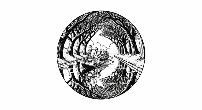 People in a boat journeying down a reflective canal surrounded by trees