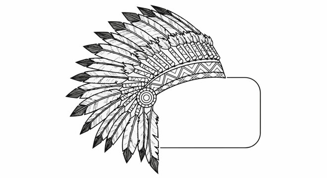 Ornate feather headdress with patterned band and blank space for text