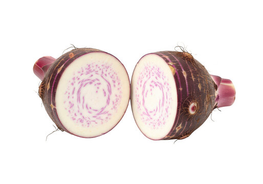 Halved oca tuber displaying vibrant purple and white interior on transparent background
