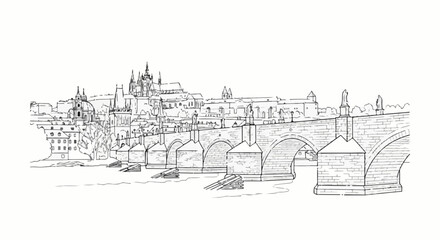 Fototapeta premium Line art sketch of a historic stone bridge with ornate buildings and statues