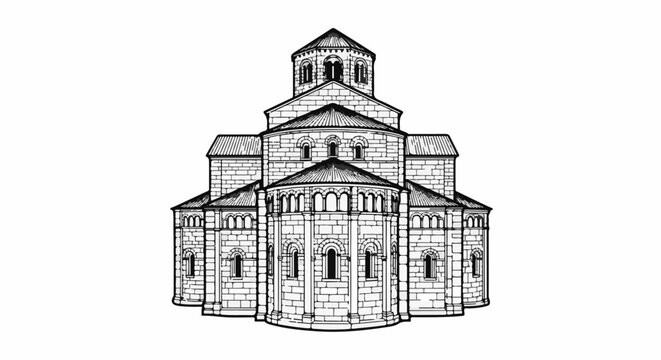 Line art drawing of a stone cathedral with multiple rounded apses and a central dome