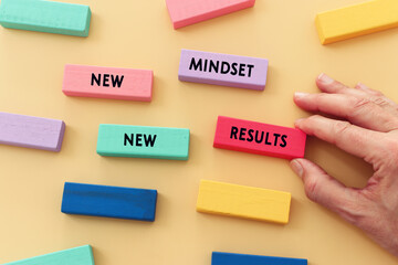 Obraz premium image of wooden cubes with the text new mindset and results. Success or personal development concept