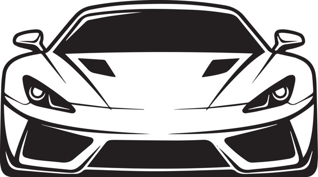 Modern supercar front view vector illustration, sleek sports car silhouette, black and white automotive logo design, high performance vehicle icon