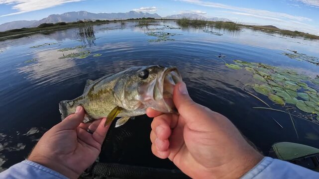Largemouth bass released into mountain lake water leaps and swims away