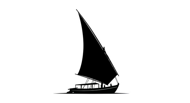 Silhouette of a traditional dhow sailing boat with large triangular sail on white background