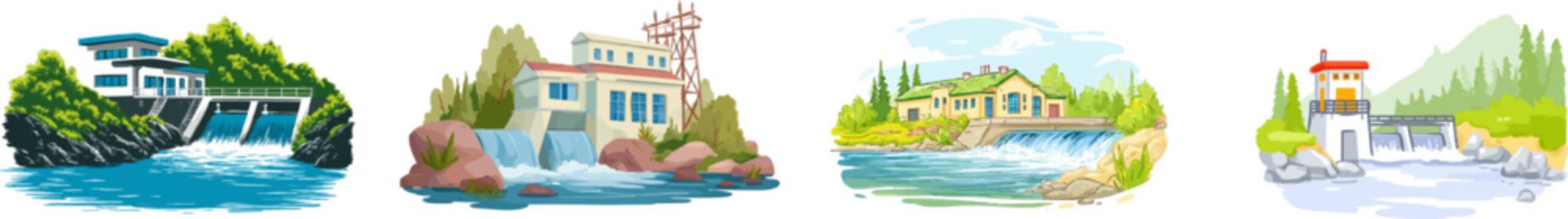 A sleek hydroelectric power station nestles amidst lush greenery on a rocky riverbank, harnessing natures energy with clean, modern lines and an eco-friendly aesthetic