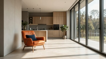 Fototapeta premium Modern Minimalist Living Room with Orange Leather Armchair and Panoramic Glass Windows Overlooking Garden