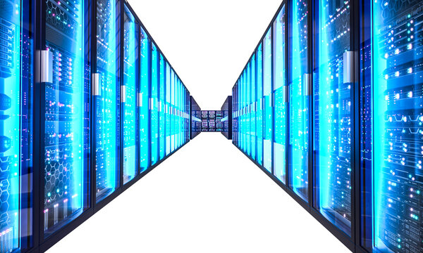 Data center server racks glowing 3d isolated