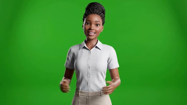 A simple and clean 3D animated female avatar in a grey shirt, presented on a green screen background. Perfect for presentations, explainer videos, or corporate animations.
