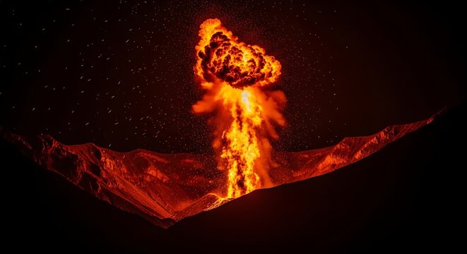 A large volcanic eruption at night