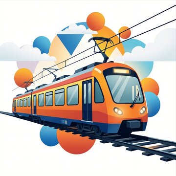 Orange Train on Tracks with Abstract Geometric Background Design