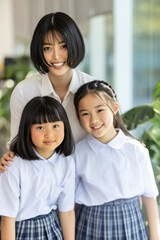 Fototapeta premium Woman with two schoolgirls smiling indoors near plants