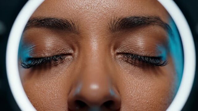 Extreme close up woman closed eyes as fingers touch long eyelash extensions. White ring light frames face in blue ambient lighting. Ideal for beauty salon or cosmetic advertising.