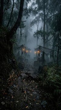 Misty forest path disappearing into deep woodland atmosphere with soft lantern light.generative AI