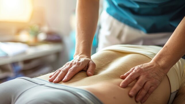 A close-up of a massage therapist's hands applying pressure on a client's lower back. The setting is a bright, relaxing therapy room with soft lighting.