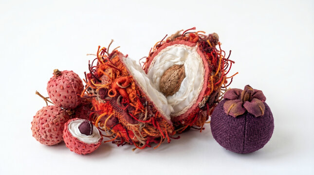Artistic Mixed-Media Tropical Fruit Set, Handmade Textile Rambutan, Mangosteen and Lychee, Rustic Fiber Art Collection Nephelium Lappaceum and Garcinia Mangostana Isolated on White