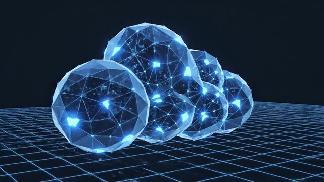 3D low poly cloud with glowing blue nodes sits on digital grid. Represents cloud computing, big data, and networking. Ideal for technology, cybersecurity, and internet service marketing.