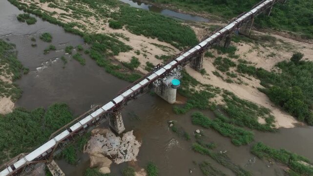 Aerial drone view of Kruger Shalati The Train on the Bridge in South Africa.