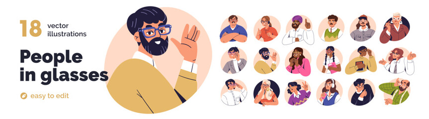 Naklejka na ściany i meble Happy people in glasses set. Avatars of men and women wearing spectacles, eyeglasses. Diverse characters looking through eyewear for bad eyesight. Flat vector illustration isolated on white background