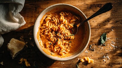 Fototapeta premium Creamy Tomato Fusilli Pasta with Parmesan Cheese and Herbs for Italian Comfort Food Dining Concept