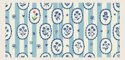 blue floral stripe and medallion seamless pattern, hand drawn botanical flower frames background, minimalist elegant textile design, aesthetic blue and white wallpaper, professional interior decor gra © Geetaroy