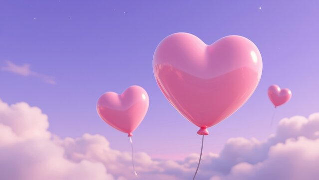 Three Glossy Pink Heart-Shaped Balloons Floating Above Soft Clouds in a Dreamy Purple Sky, Ideal for Romantic, Love, and Valentine'S Day Themes