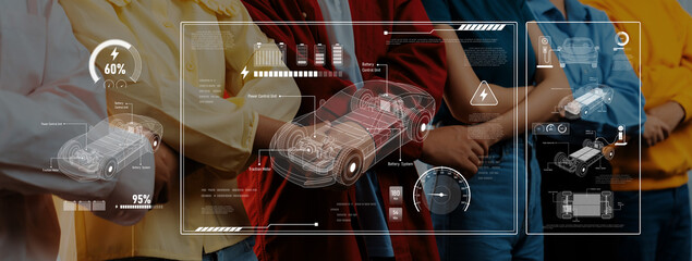 A diverse group of individuals stands together, surrounded by a futuristic automotive design interface that highlights battery levels and energy metrics, showcasing innovation. Trope © InfiniteFlow
