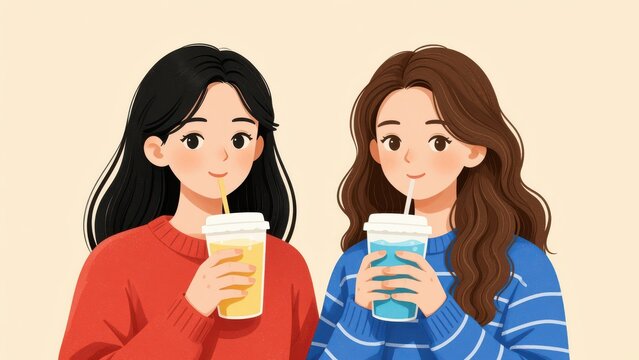 Two Smiling Women Friends Drinking Cold Beverages Together in a Cozy Casual Setting with Warm Tones and Vector Illustration Style