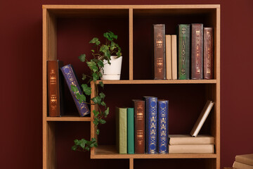 Bookshelf with houseplants and home decor near burgundy wall at home library © Pixel-Shot