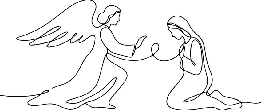 The Annunciation of the Virgin Mary continuous line drawing. Angel Gabriel and kneeling Mary minimalist vector illustration. One line art religious concept