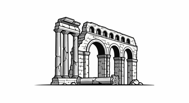 Ancient stone ruins of a coliseum with arched openings and pillars