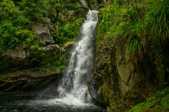 Havelock waterfall cascading through lush green rainforest environment