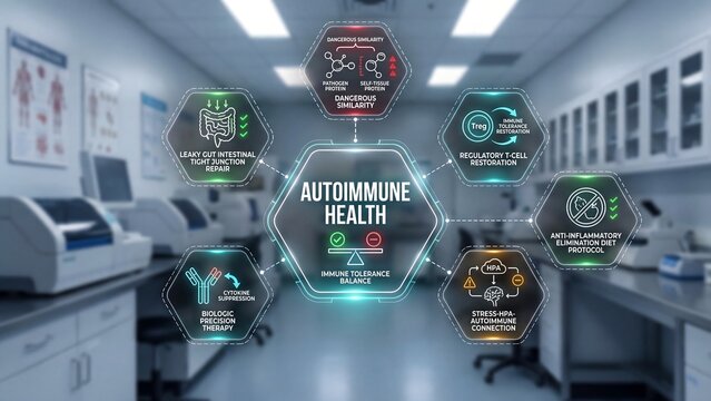 Autoimmune health digital infographic in laboratory setting showing immune system disorders, inflammation triggers, and treatment awareness concepts