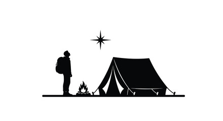 A silhouetted camper gazes at a star above a tent and campfire © Rakib