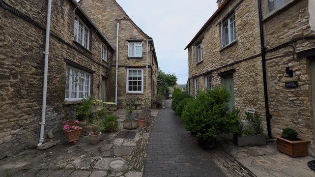 Narrow cobblestone alley in a historic village with flowered stone houses