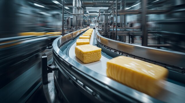 Cheese blocks moving on a conveyor belt in a production facility during daytime hours