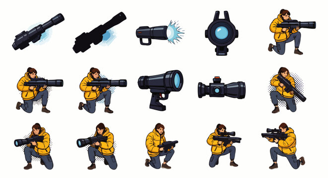 Pixel Art Sci-Fi Weapons and Soldier Set: Futuristic Guns, Scopes, and Crouching Character Illustrations