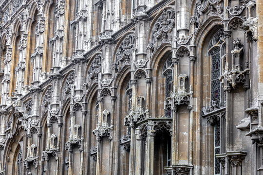 View of the ornate Gothic facade of the Stadhuis (City Hall) of Ghent, Belgium, a remarkable example of Brabantine Gothic architecture dating from the 16th century.