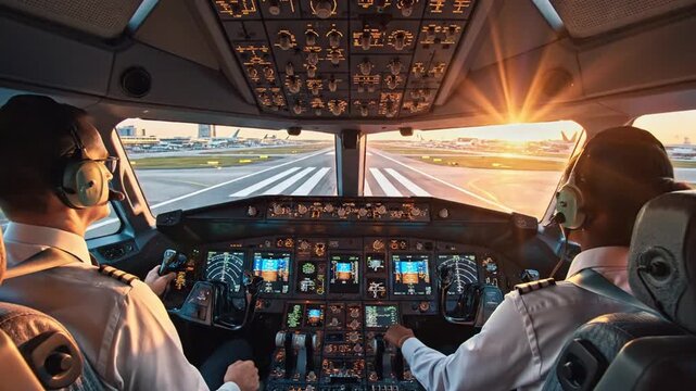 Two pilots in airplane cockpit on runway during golden hour