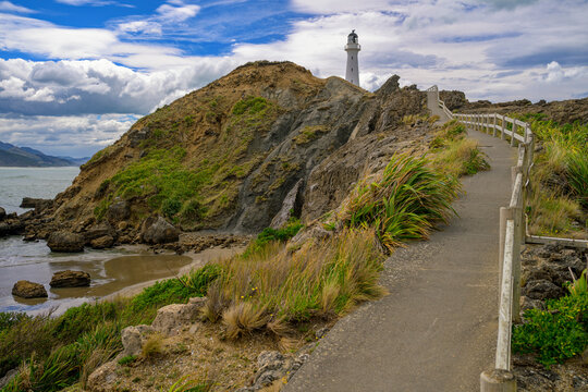 Castlepoint Lighthouse path leading to coastal landmark, New Zealand