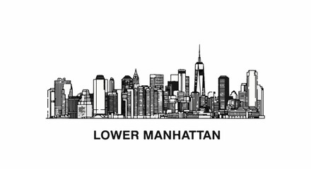 Fototapeta premium Stylized line art illustration of a densely packed skyscraper cityscape with text below