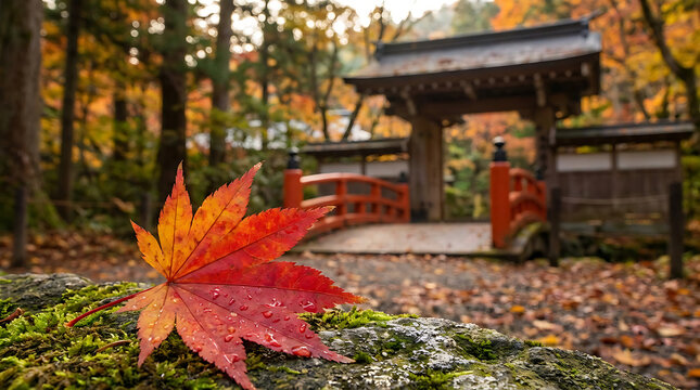 Vibrant red maple foliage during Japanese fall in Kyoto park, colorful deciduous tree branch with momiji leaves, traditional oriental nature scenery, botanical organic seasonal flora.