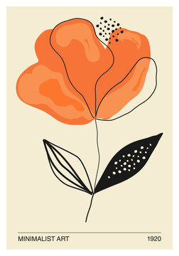 Minimalist Abstract Flower Line Art with Orange Petals, Modern Botanical Illustration